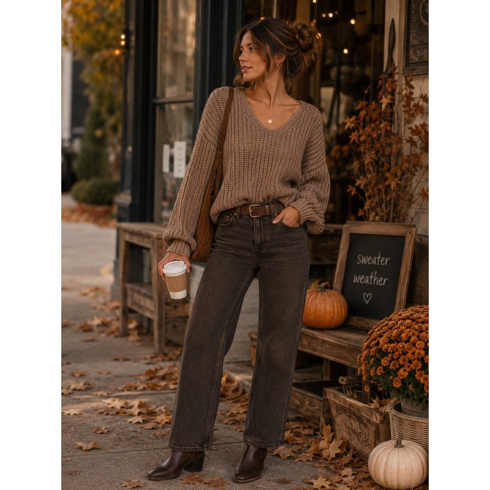 Altar'd State Womens Tan Brown V-Neck Chunky Ribbed Knit Sweater Small